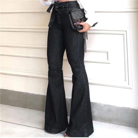 Black High Waist Bell Bottom Flare Jeans Wide Leg Belted Bow Denim Pants